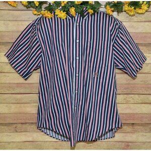 Vintage Tommy Hilfiger Blue & Red Striped Short Sleeve Button Up Shirt Size M